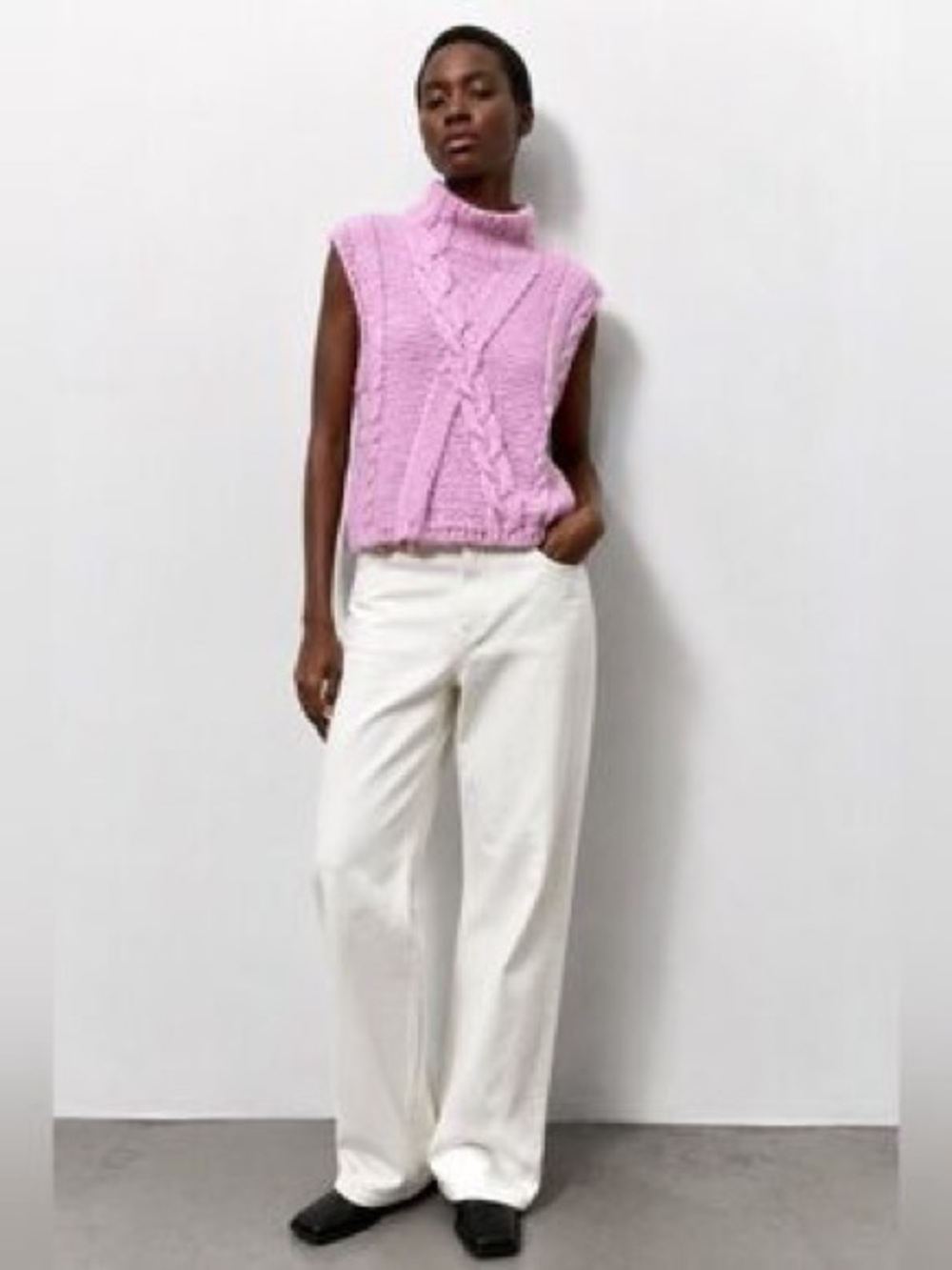 Le Lis Light Pink Cable-Knit Sleeveless Turtleneck Sweater